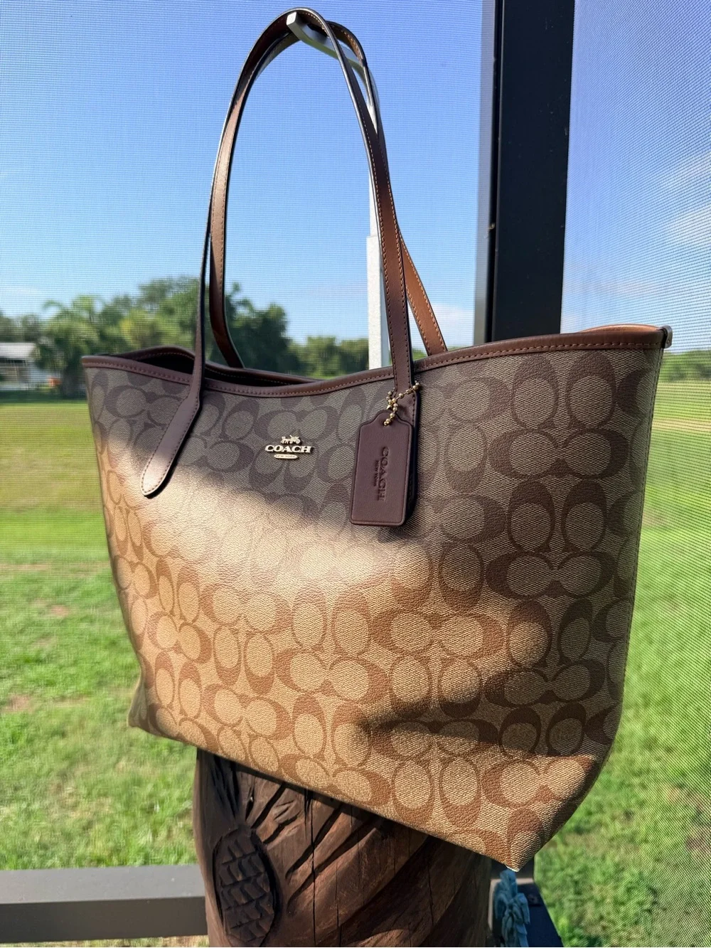 Coach City Tote Brown Signature Canvas Leather Shoulder Bag F58292 Dust Bag